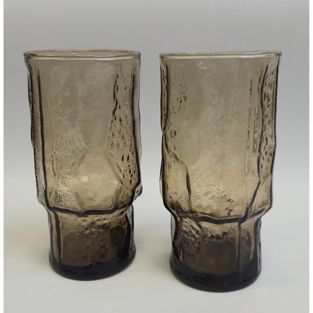 Lot 2 Vintage Libbey Rainy Brown Amber Ornate Glass drinking Tumblers 5.5"